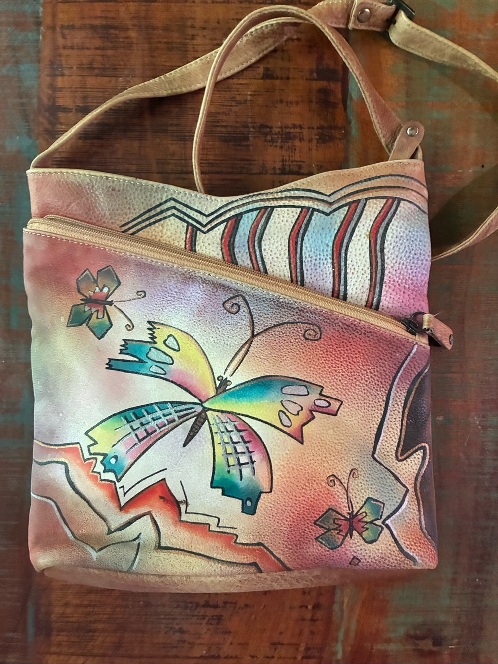 “Anuschka” Brown Abstract Butterfly Shoulder Bag Hand Painted Boho 10" W
